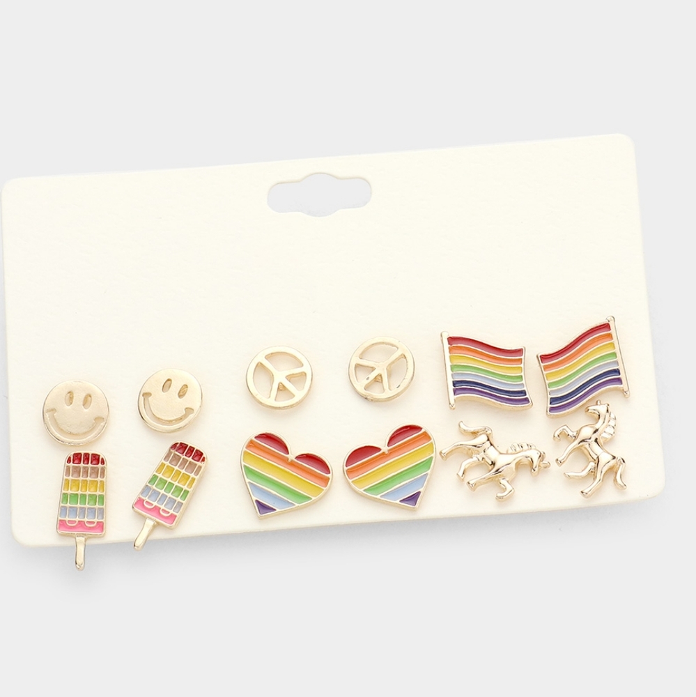 Six Pairs Unicorn Peace Rainbow Stud Earrings Set Cute Statement Jewelry